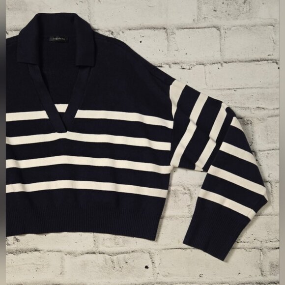 Dynamite Navy and White Striped Cropped V-Neck Sweater - Picture 5 of 9